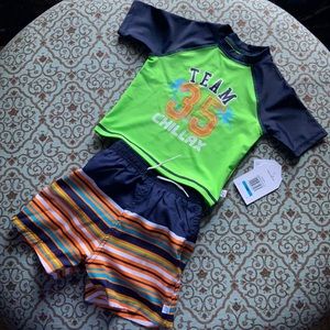 Flapdoodles Rash Guard (UPF 50+) and swim trunks